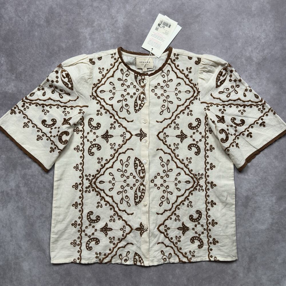 Sezane Waverly Blouse NWT Beige Brown Embroidered Linen Cotton Lace Trim 36 US 4 - Picture 2 of 16